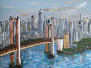 A Mixed Media painting by Annette Pattenden in the Semi-Abstract Impressionist style  depicting Bridge Buildings and City with main colour being Blue and Brown and titled Bridge to City of Dreams 1