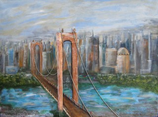 A Mixed Media painting by Annette Pattenden in the Semi-Abstract Impressionist style  depicting Bridge Buildings and City with main colour being Blue Purple and Yellow and titled Bridge to City of Dreams 2