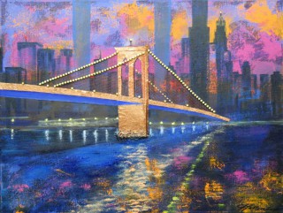 A Mixed Media painting by Annette Pattenden in the Semi-Abstract Impressionist style  depicting Bridge Buildings and City with main colour being Blue Purple and Yellow and titled Brooklyn Bridge