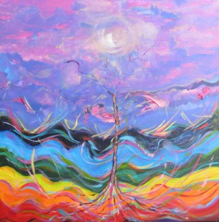 An Acrylic painting by Annette Pattenden in the Contemporary style  depicting  with main colour being Blue Green and Orange and titled Cosmic Dance