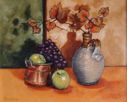 Oil Painting by Karin Bowler titled Autumn Leaves & Fruit
