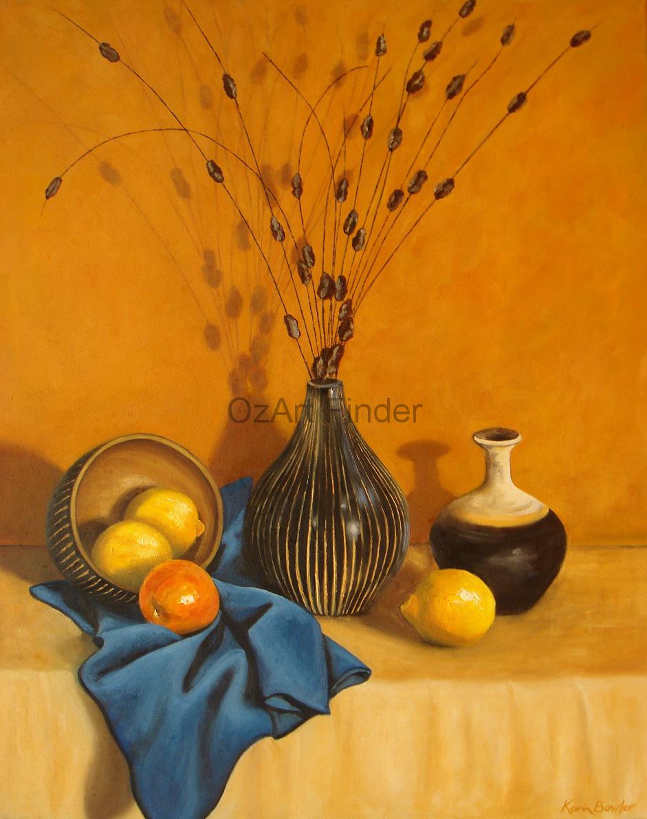 Oil Painting by Karin Bowler titled Lemons & Stripes