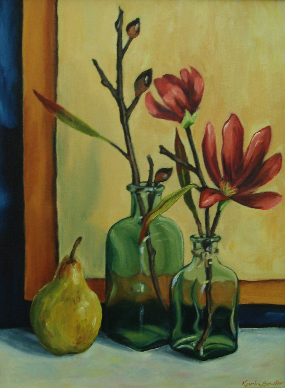Oil Painting by Karin Bowler titled Bottles & Pear