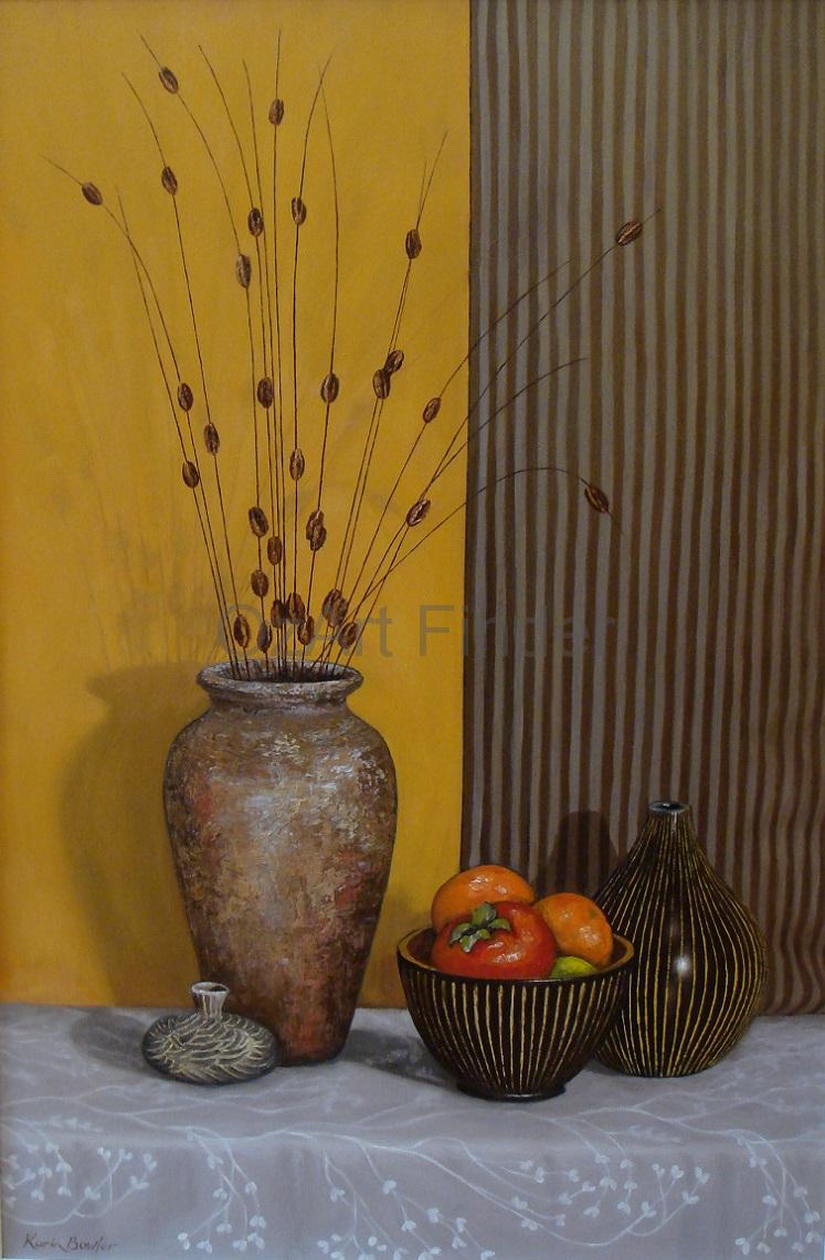 Oil Painting by Karin Bowler titled Vases & Stripes