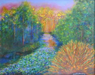 An Acrylic painting by Annette Pattenden in the Semi-Abstract Impressionist style  depicting Landscape River with main colour being Green and Yellow and titled Gentle River