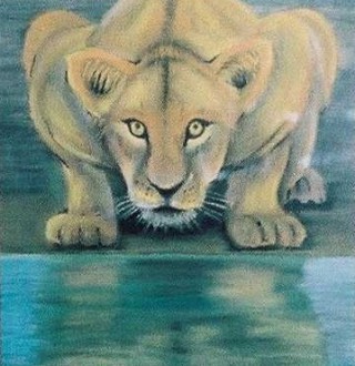 A Pastel artwork by John Pattenden in the Realist style  depicting Animals with main colour being Green and Ochre and titled Lioness