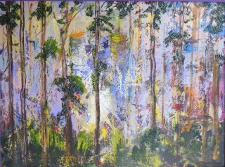 An Acrylic painting by Annette Pattenden in the Semi-Abstract Impressionist style  depicting Landscape Bush and Trees with main colour being Green and Purple and titled Lost City