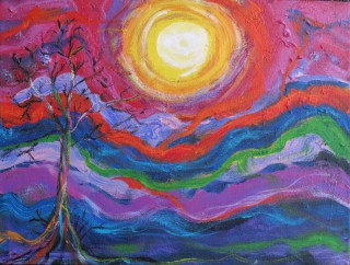An Acrylic painting by Annette Pattenden in the Contemporary style  with main colour being Green Purple and Red and titled Rhythm of Life