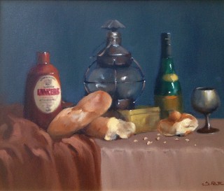 An Oil painting by Simone Phanthakoun in the Realist style  depicting Still Life Bottles Clay Pots and Pots with main colour being Blue Brown and Ochre and titled Bread with Still Life
