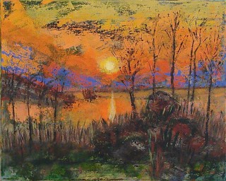 An Acrylic painting by Annette Pattenden in the Semi-Abstract Impressionist style  depicting Landscape Sunset with main colour being Blue Green and Orange and titled Sunset Reflections