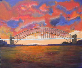 A Mixed Media painting by Annette Pattenden in the Contemporary style  depicting Bridge City with main colour being Blue Brown and Red and titled Sydney Harbour