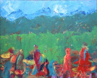 An Acrylic painting by Annette Pattenden in the Semi-Abstract Impressionist style  depicting People Party with main colour being Blue Green and Red and titled Tibetan Wedding Party
