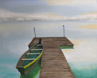 An Acrylic painting by John Pattenden in the Realist style  depicting Boats and Water with main colour being Blue Brown and Green and titled Tranquility