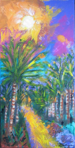 An Acrylic painting by Annette Pattenden in the Contemporary style  depicting Landscape Sunset and Trees with main colour being Green Purple and Yellow and titled Tropical Paradise