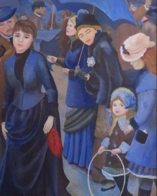 An Acrylic painting by John Pattenden in the Realist style  depicting People with main colour being Blue and titled Umbrellas