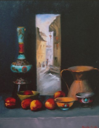 An Oil painting by Beverley Braddy in the Realist style  depicting Still Life Fruit and Pots with main colour being Black Blue and Pink and titled A Little bit of Nepal