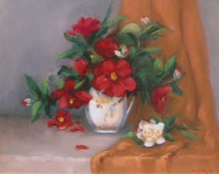 An Oil painting by Beverley Braddy in the Realist style  depicting Still Life Flowers and Vases with main colour being Cream Grey and Ochre and titled Red Camellias
