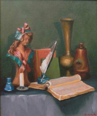An Oil painting by Beverley Braddy in the Realist style  depicting Still Life Books Candles and Statue with main colour being Cream Grey and Ochre and titled Girl with the Pink Bow