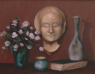 An Oil painting by Beverley Braddy in the Realist style  depicting Still Life Books Flowers and Statue with main colour being Brown Cream and Pink and titled Sleeping Beauty
