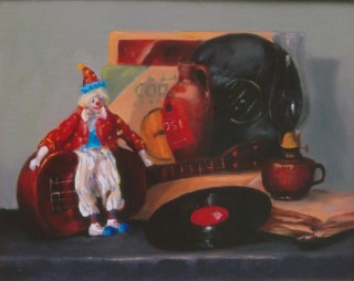 An Oil painting by Beverley Braddy in the Realist style  depicting Still Life Candles Music and Pots with main colour being Black Blue and Orange and titled As Time Goes By