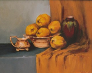 An Oil painting by Beverley Braddy in the Realist style  depicting Still Life Fruit Pots and Vases with main colour being Blue Grey and Ochre and titled Antiques & Quinces