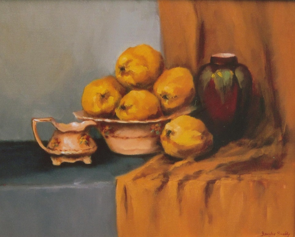 Oil Painting by Beverley Braddy titled Antiques & Quinces