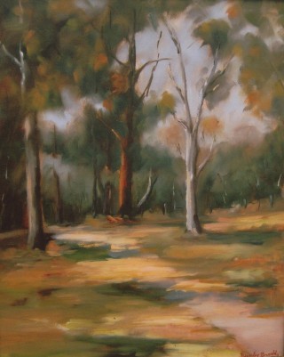 An Oil painting by Beverley Braddy in the Realist style  depicting Boats Bush and Trees with main colour being Blue Grey and Olive and titled Naplier Park