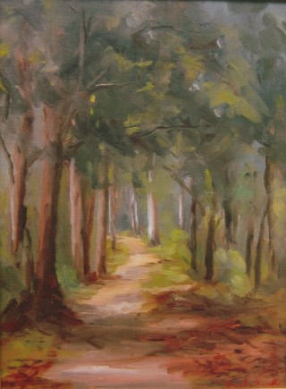 An Oil painting by Beverley Braddy in the Impressionist style  depicting Landscape Rural and Trees with main colour being Brown Grey and Ochre and titled Warburton