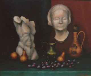 An Oil painting by Beverley Braddy in the Realist style  depicting Still Life Fruit Statue and Vases with main colour being Brown and Grey and titled Cast & Grapes