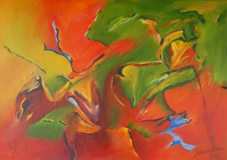 An Acrylic painting by Harald Korte in the Abstract style  with main colour being Green and Red and titled Cosmic Storm