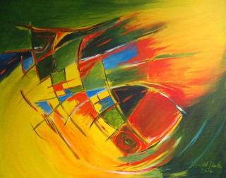 An Acrylic painting by Harald Korte in the Abstract style  with main colour being Green Red and Yellow and titled Vortex