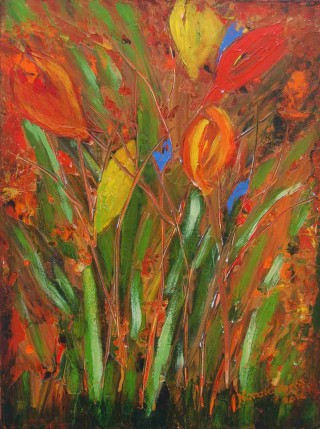 An Acrylic painting by Harald Korte in the Semi-Abstract Impressionist style  depicting Flowers with main colour being Red and titled Colours of Spring 1