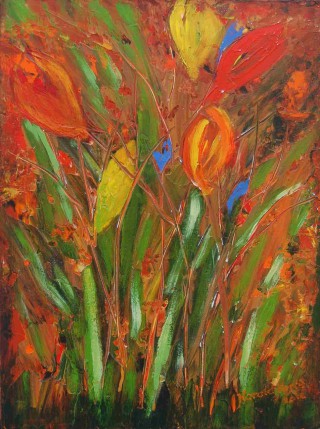 An Acrylic painting by Harald Korte in the Semi-Abstract Impressionist style  depicting Flowers with main colour being Red and titled Colours of Spring 1