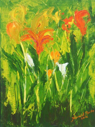 An Acrylic painting by Harald Korte in the Semi-Abstract Impressionist style  depicting Flowers with main colour being Green and titled Colours of Spring 2