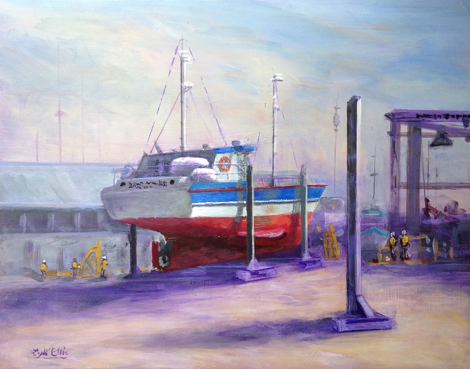 Acrylic Painting by Lyn Ellis titled On the slips - the "Lady Suzanne"
