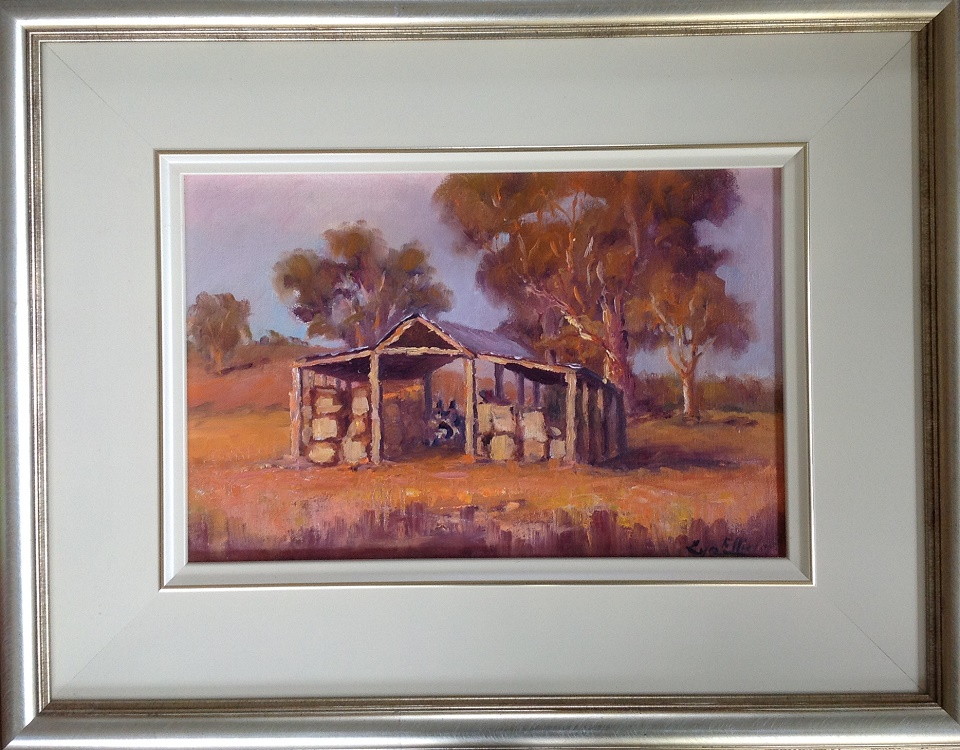 Oil Painting by Lyn Ellis titled Faraday Hay Shed at Sunset