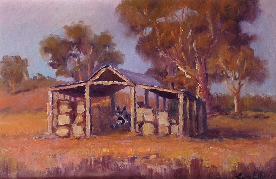 Oil Painting by Lyn Ellis titled Faraday Hay Shed at Sunset