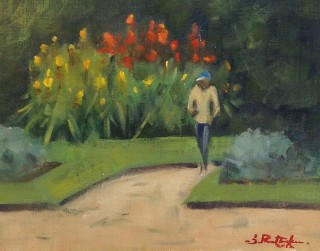 An Oil painting by Simone Phanthakoun in the Impressionist style  depicting Landscape Flowers Garden and Girl with main colour being Green Ochre and Red and titled Williamstown Garden