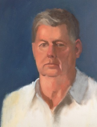 An Oil painting by Simone Phanthakoun in the Impressionist style  depicting Portrait Man with main colour being Blue Grey and Pink and titled Portrait 2