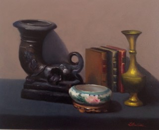 An Oil painting by Simone Phanthakoun in the Realist style  depicting Still Life Books Pots and Vases with main colour being Brown and titled Still Life 1
