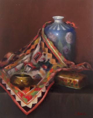 An Oil painting by Simone Phanthakoun in the Realist style  depicting Still Life Pots and Vases with main colour being Blue Brown and Red and titled Still Life 2