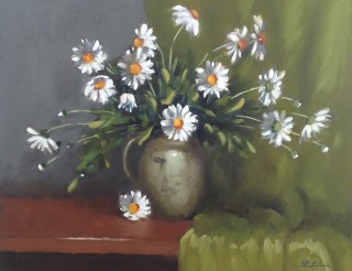 An Oil painting by Simone Phanthakoun in the Realist style  depicting Flowers and Vases with main colour being Brown Grey and Olive and titled Daisies