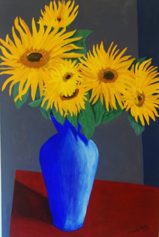 An Acrylic painting by Harald Korte in the Contemporary style  depicting Flowers and Vases with main colour being Blue Brown and Grey and titled Sunflowers