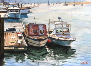 A Watercolour painting by Helen Cottle in the Realist Impressionist style  depicting Boats and Water with main colour being Blue Brown and Grey and titled Harbour Life