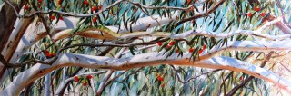 An Acrylic painting by Helen Cottle in the Realist Impressionist style  depicting Bush and Trees with main colour being Blue Brown and Green and titled Out on a Limb