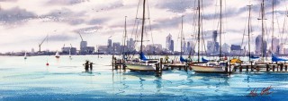 A Watercolour painting by Helen Cottle in the Realist Impressionist style  depicting Boats and City with main colour being Blue Grey and Purple and titled Williamstown Moment