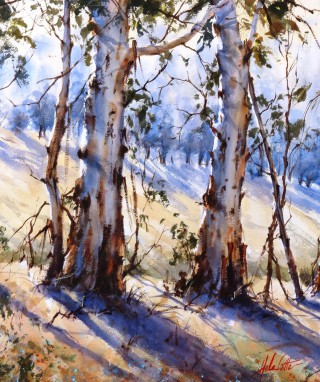 A Watercolour painting by Helen Cottle in the Realist Impressionist style  depicting Bush and Trees with main colour being Blue Brown and Ochre and titled Local Inspiration, Macedon