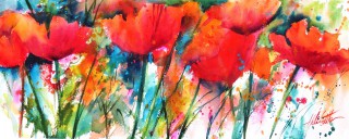 A Watercolour painting by Helen Cottle in the Realist Impressionist style  depicting Flowers with main colour being Blue Green and Red and titled Poppy Splash