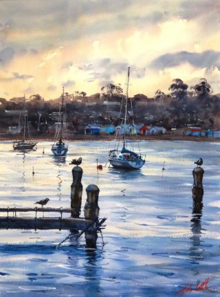 A Watercolour painting by Helen Cottle in the Realist Impressionist style  depicting Boats and River with main colour being Blue Grey and Olive and titled Mornington Light