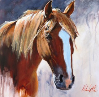 An Acrylic painting by Helen Cottle in the Realist Impressionist style  depicting Animals and Horses with main colour being Brown Grey and Ochre and titled In Morning Sunlight